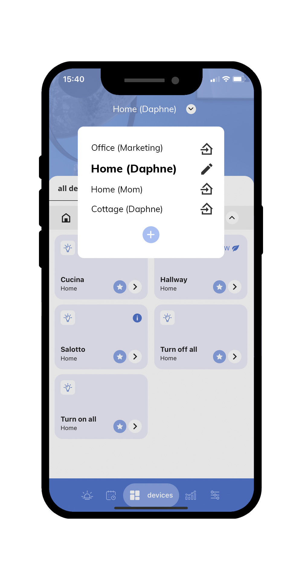 Offizielle iotty-App für iOS und Android zur einfachen Verwaltung Ihrer Hausautomationsgeräte in verschiedenen Wohnungen und Büros