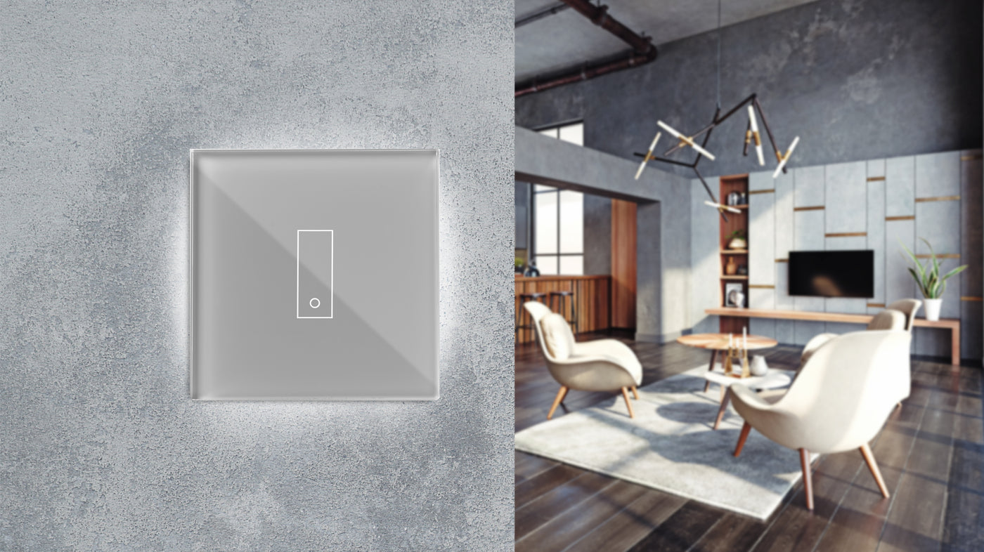 Grauer, hintergrundbeleuchteter Wifi-Smart-Schalter. Drei Touch-Tasten aus gehärtetem Glas. Hochwertiges Design für das Steingut-Wohnzimmer.