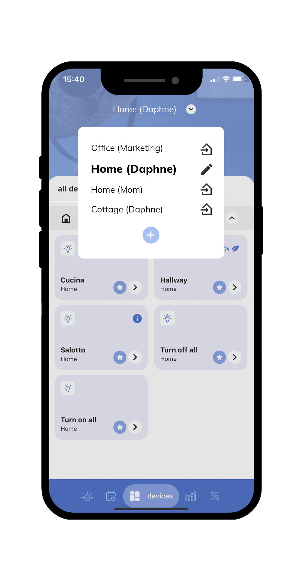 Offizielle iotty-App für iOS und Android zur einfachen Verwaltung Ihrer Hausautomationsgeräte in verschiedenen Wohnungen und Büros